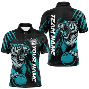 Maxcorners Custom Mens Roaring Tiger Bowling Jerseys Polo With Claw Design | Black And Teal Blue