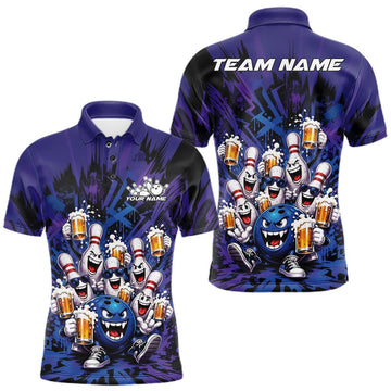Maxcorners Custom Blue And Purple Bowling Beer Party Men Polo Shirt With Funny Ball And Pins
