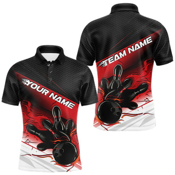Maxcorners Custom Black And Red Flame Bowling Team Men Polo Shirt, Flame Bowling Jersey LM0409