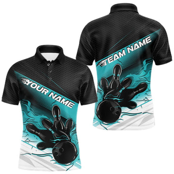 Maxcorners Custom Black And Turquoise Blue Flame Bowling Team Men Polo Shirt, Flame Bowling Jersey LM0409