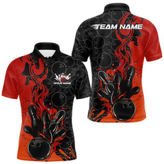 Maxcorners Custom Red Orange Fire Flame Bowling Team Men Polo Shirts, Bowling League Shirt LM2711