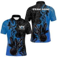Maxcorners Custom Black And Blue Fire Flame Bowling Team Men Polo Shirts, Bowling League Shirt LM2711