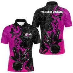 Maxcorners Custom Pink Purple Fire Flame Bowling Team Men Polo Shirts, Bowling League Shirt LM2711