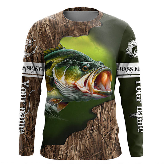 Maxcorners Custom Largemouth Bass Fishing Camo Long Sleeve Fishing Shirts, Bass Tournament Fishing Jerseys LM0201