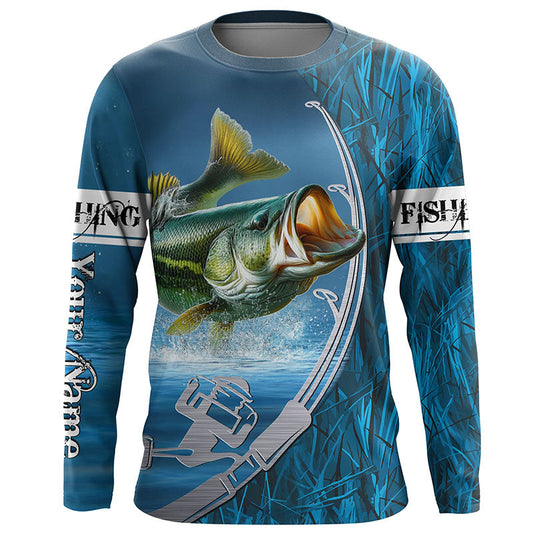 Maxcorners Custom Bass Fishing Long Sleeve Fishing Shirts, Fishing Rod Bass Fishing Camo Fishing Jerseys LM0201