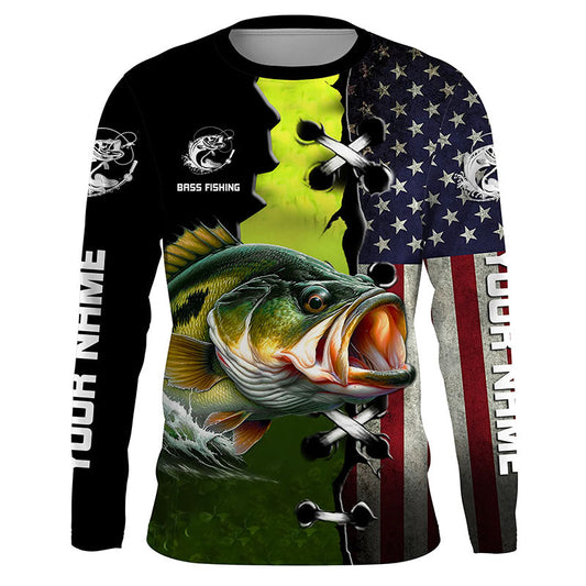 Maxcorners Personalized American Flag Bass Fishing Shirts, Patriotic Bass Tournament Fishing Shirts LM0201