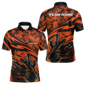 Maxcorners Custom Orange Camo Flame Bowling Men Polo Shirts, Camouflage Bowling Team Jerseys