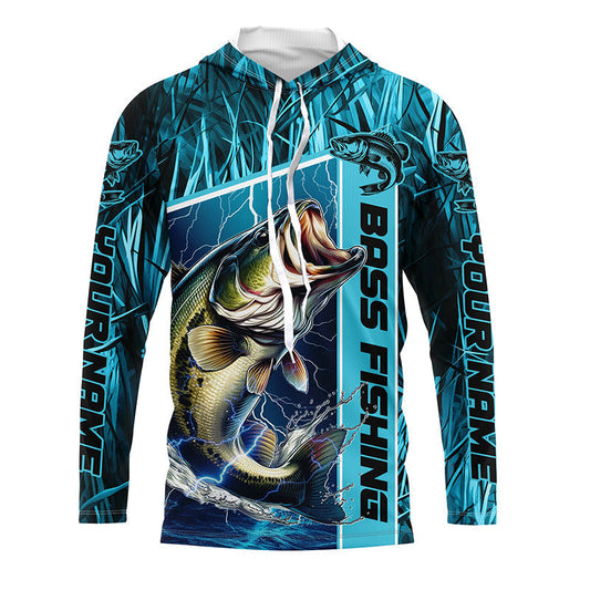 Maxcorners Custom Teal Blue Camo Bass Long Sleeve Tournament Fishing Shirts, Bass Fishing Jerseys LM0201