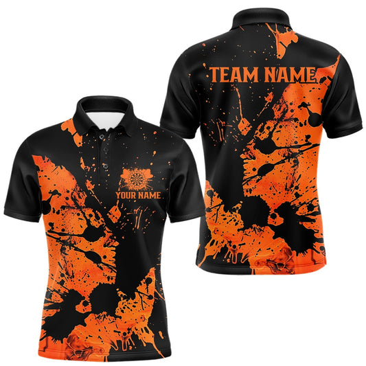 Maxcorners Custom Name Black And Orange Splatter Darts Shirts For Men, Dart Team League Shirts LM2901