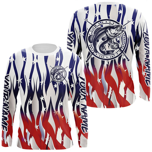 Maxcorners Flaming American Flag Custom Bass Long Sleeve Fishing Shirts, Patriotic Bass Fishing Jerseys LM0501