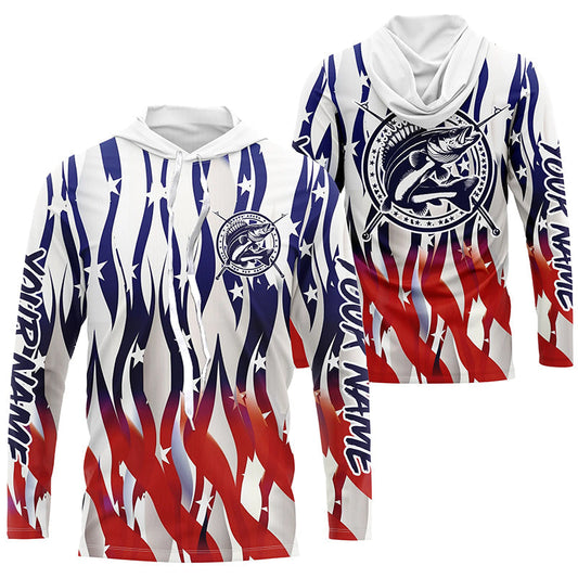 Maxcorners Flaming American Flag Custom Walleye Long Sleeve Fishing Shirts, Patriotic Walleye Fishing Jerseys LM0501