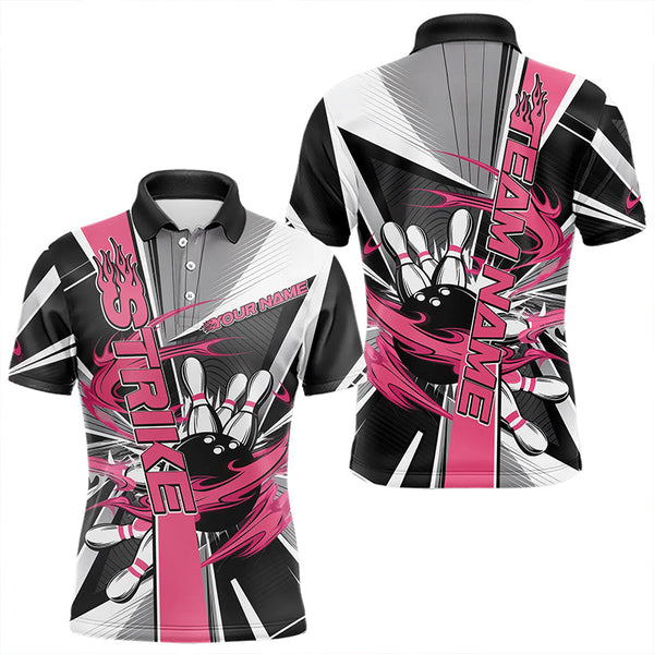 Maxcorners Custom Black And Pink Strike Bowling Men Polo Shirts, Bowling Team League Shirt With Name