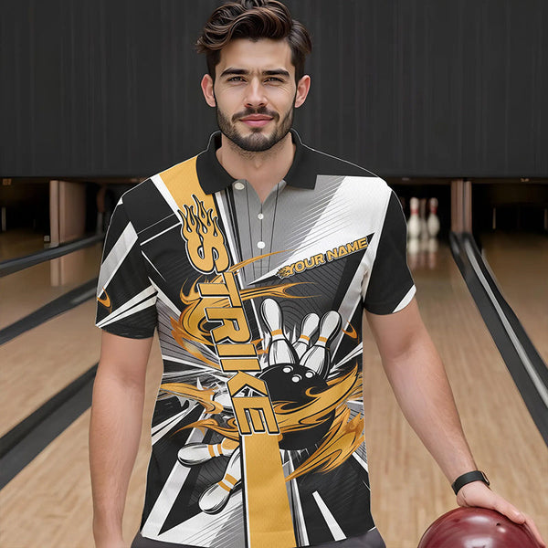 Maxcorners Custom Black And Yellow Strike Bowling Men Polo Shirts, Bowling Team League Shirt With Name