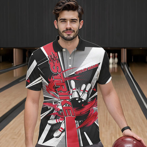 Maxcorners Custom Black And Red Strike Bowling Men Polo Shirts, Bowling Team League Shirt With Name