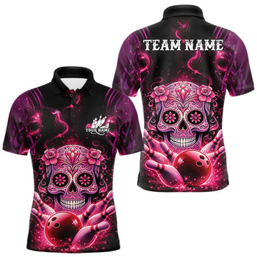 Maxcorners Custom Pink Purple Sugar Skull Bowling Men Polo Shirt, Halloween Team Bowling Outfit LM1104