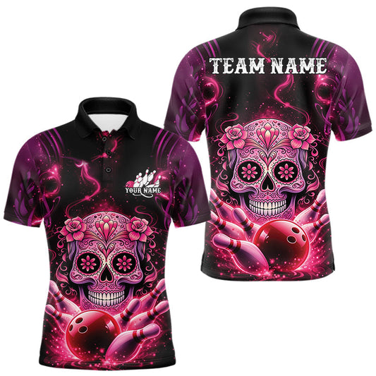 Maxcorners Custom Pink Purple Sugar Skull Bowling Men Polo Shirt, Halloween Team Bowling Outfit LM1104