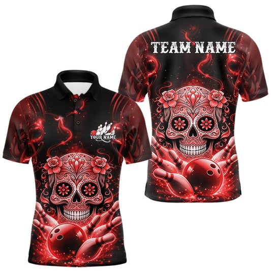 Maxcorners Custom Red Sugar Skull Bowling Men Polo Shirt, Halloween Team Bowling Outfit LM1104