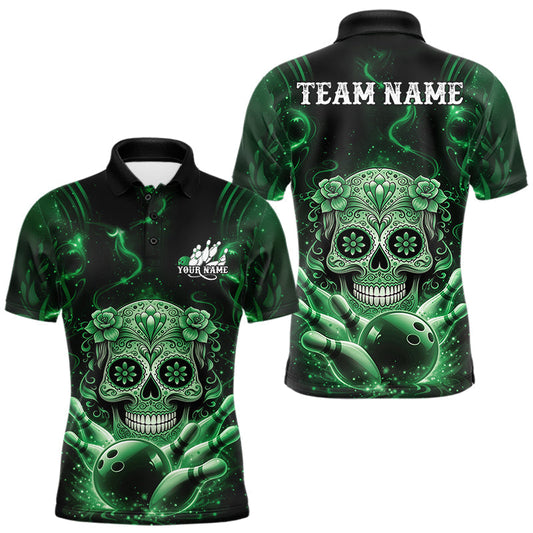 Maxcorners Custom Green Sugar Skull Bowling Men Polo Shirt, Halloween Team Bowling Outfit LM1104