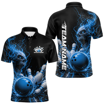 Maxcorners Custom Name Blue Flame Skull Bowling Men Polo Shirts