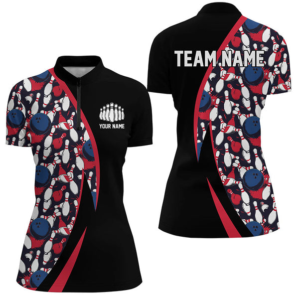 Maxcorners Red, White And Blue Bowling Ball And Pins Pattern Custom Bowling Team Jerseys