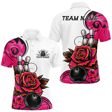 Maxcorners Custom Pink Rose Bowling Men Polo Shirt, Floral Bowling Team Shirt LM0208