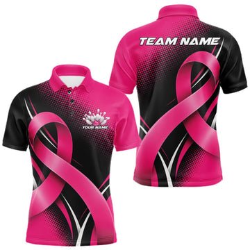 Maxcorners Custom Black And Pink Breast Cancer Ribbon Bowling Team Men Polo Shirt, Bowling Jersey LM0409