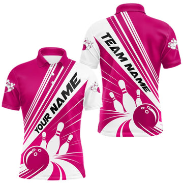 Maxcorners Custom White And Pink Classic Retro Bowling Team Men Polo Shirt, Bowling League Shirt LM0409