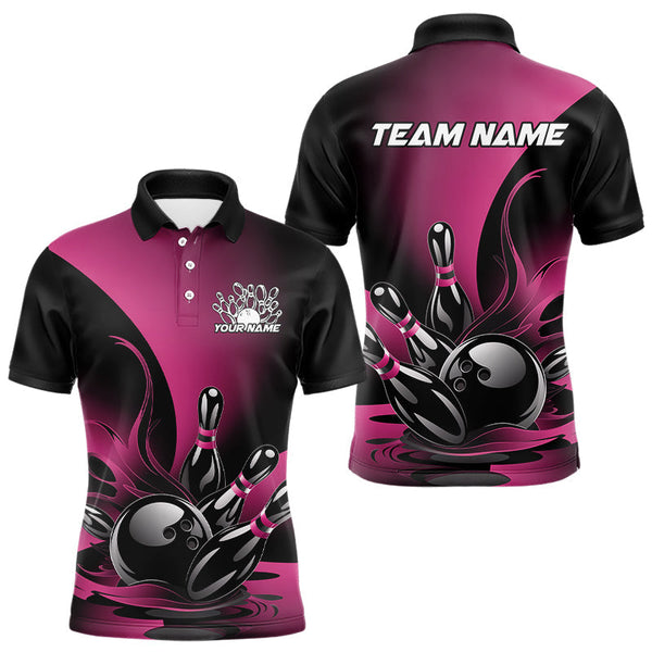 Maxcorners Custom Pink And Black Flame Bowling Polo Shirts Bowling League Shirt Bowler