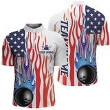 MaxCorners Bowling And Pins Flame American Flag Prtriotic Customized Name, Team Name 3D Stand Collar Zipper Polo Shirt For Men