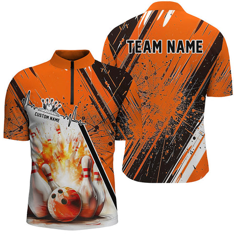 MaxCorners Bowling And Pins Heartbeat Pulse Line Strike Customized Name, Team Name 3D Stand Collar Zipper Polo Shirt For Men