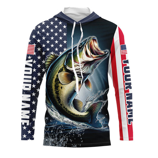 Maxcorners Personalized American Flag Bass Long Sleeve Fishing Shirts, Patriotic Bass Fishing Jerseys LM0201