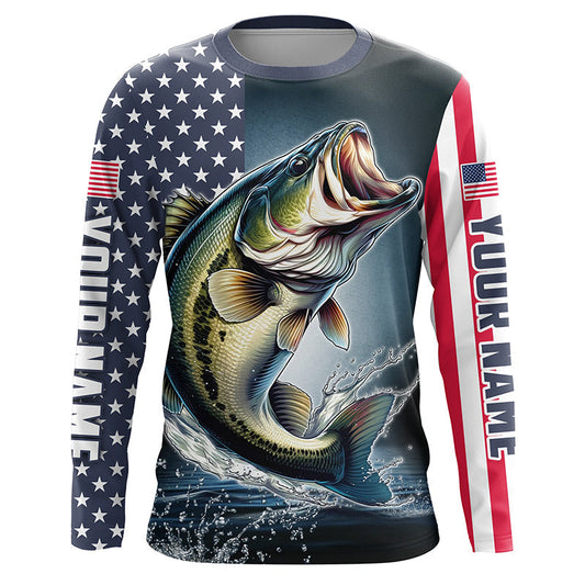 Maxcorners Personalized American Flag Bass Long Sleeve Fishing Shirts, Patriotic Bass Fishing Jerseys LM0201