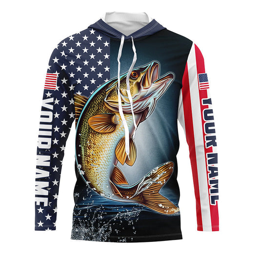Maxcorners Personalized American Flag Walleye Long Sleeve Fishing Shirts, Patriotic Walleye Fishing Jersey LM0501