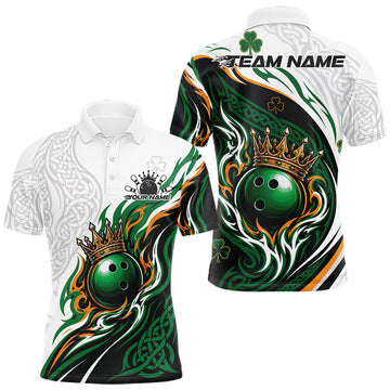 Maxcorners Custom White And Green Irish Tribal Pattern Bowling Ball With Crown Men Polo Team Shirt LM0208