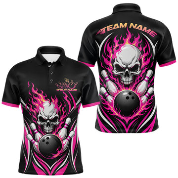 Maxcorners Custom Pink Flame Skull Bowling Men Polo Shirt, Halloween Bowling Jersey LM0208