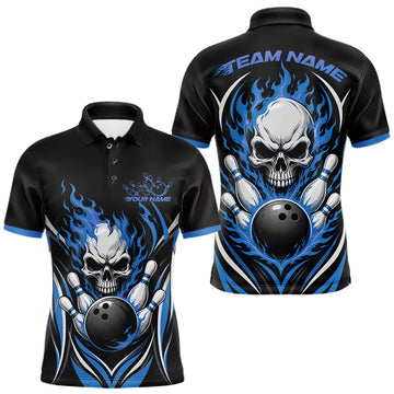 Maxcorners Custom Blue Flame Skull Bowling Men Polo Shirt, Halloween Bowling Jersey LM0208