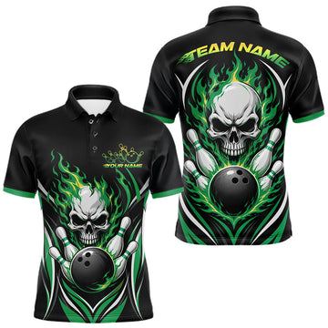 Maxcorners Custom Green Flame Skull Bowling Men Polo Shirt, Halloween Bowling Jersey LM0208