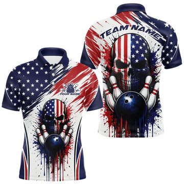 Maxcorners Custom Patriotic American Flag Skull Bowling Team Men Polo Shirt, US Flag Bowling Jersey LM0208