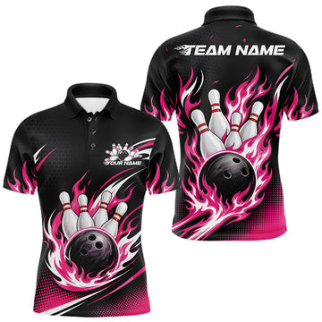 Maxcorners Custom Pink Flame Bowling Jerseys, Bowling Team Men Polo Shirt Bowlers Outfit LM0208