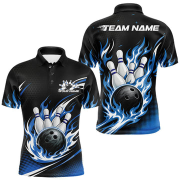 Maxcorners Custom Blue Flame Bowling Jerseys, Bowling Team Men Polo Shirt Bowlers Outfit LM0208
