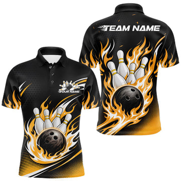 Maxcorners Custom Yellow Flame Bowling Jerseys, Bowling Team Men Polo Shirt Bowlers Outfit LM0208