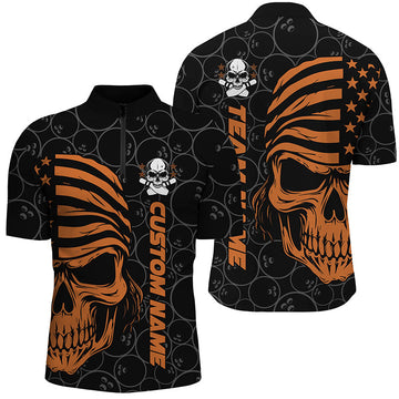 MaxCorners Bowling Ball And Pins American Flag Skull Multicolor Option Customized Name, Team Name 3D Stand Collar Zipper Polo Shirt