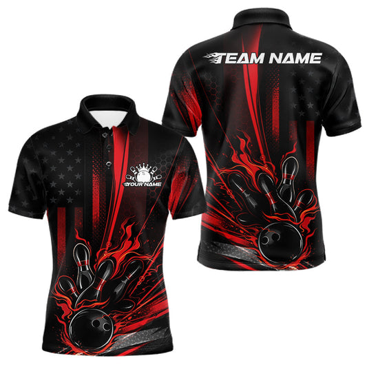 Maxcorners Custom Black And Red US Flag Patriotic Men Bowling Shirt, American Flame Bowling Jerseys LM2901