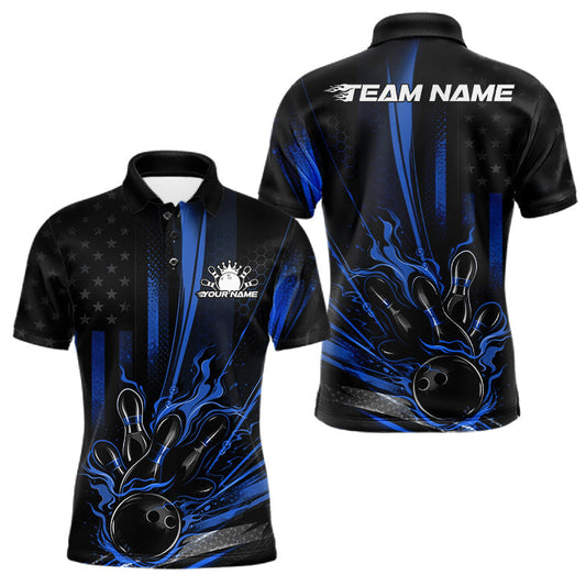 Maxcorners Custom Black And Blue US Flag Patriotic Men Bowling Shirt, American Flame Bowling Jerseys LM2901
