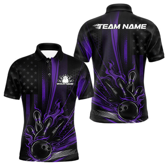 Maxcorners Custom Black And Purple US Flag Patriotic Men Bowling Shirt, American Flame Bowling Jersey LM2901