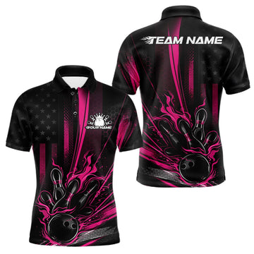 Maxcorners Custom Black And Pink US Flag Patriotic Men Bowling Shirt, American Flame Bowling Jersey LM2901