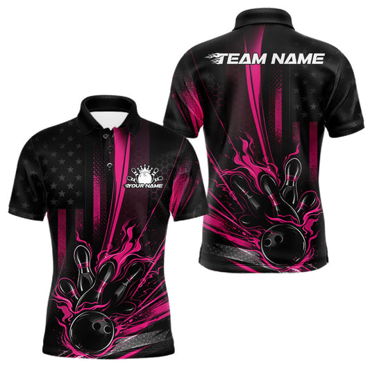 Maxcorners Custom Black And Pink US Flag Patriotic Men Bowling Shirt, American Flame Bowling Jersey LM2901