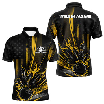 Maxcorners Custom Black And Yellow US Flag Patriotic Men Bowling Shirt, American Flame Bowling Jersey LM2901