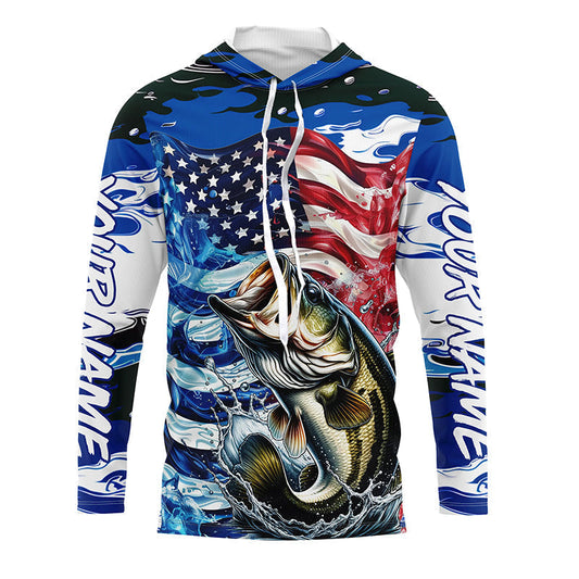 Maxcorners Custom American Flag Bass Long Sleeve Fishing Shirts, Patriotic Blue Camo Bass Fishing Jerseys LM0201