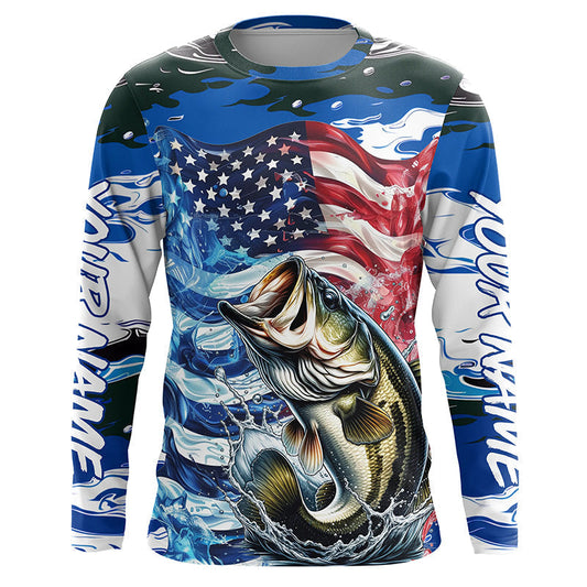 Maxcorners Custom American Flag Bass Long Sleeve Fishing Shirts, Patriotic Blue Camo Bass Fishing Jerseys LM0201